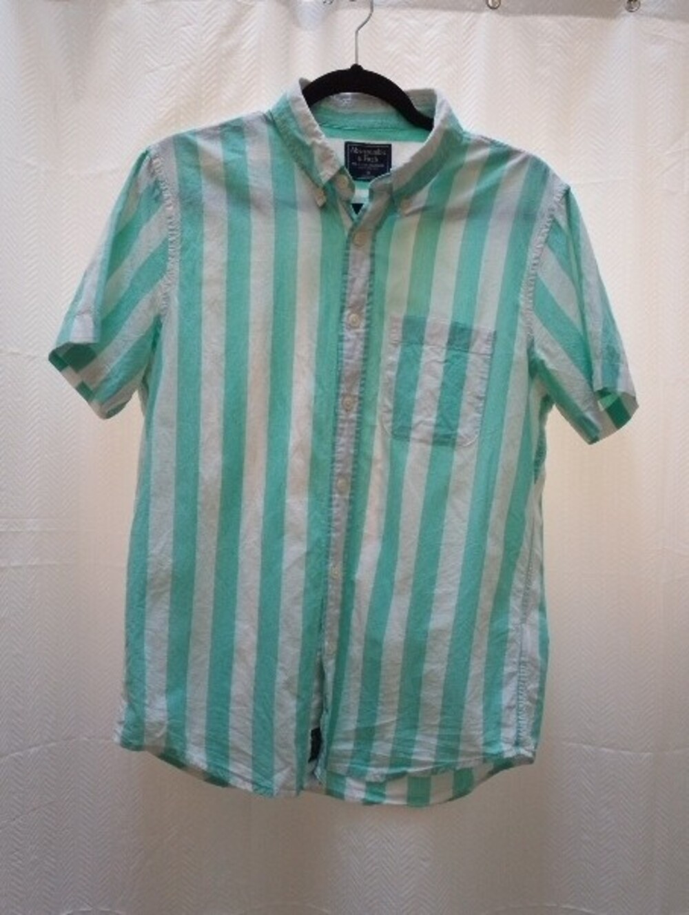 Abercrombie & Fitch Mint Green & White Vertical Stripe Button-Down Short Sleeve